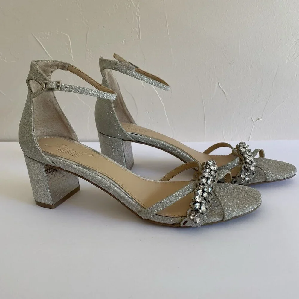 Badgley Mischka Silver Sparkle and Crystals Rhinestone Sandals Block Heels US 8